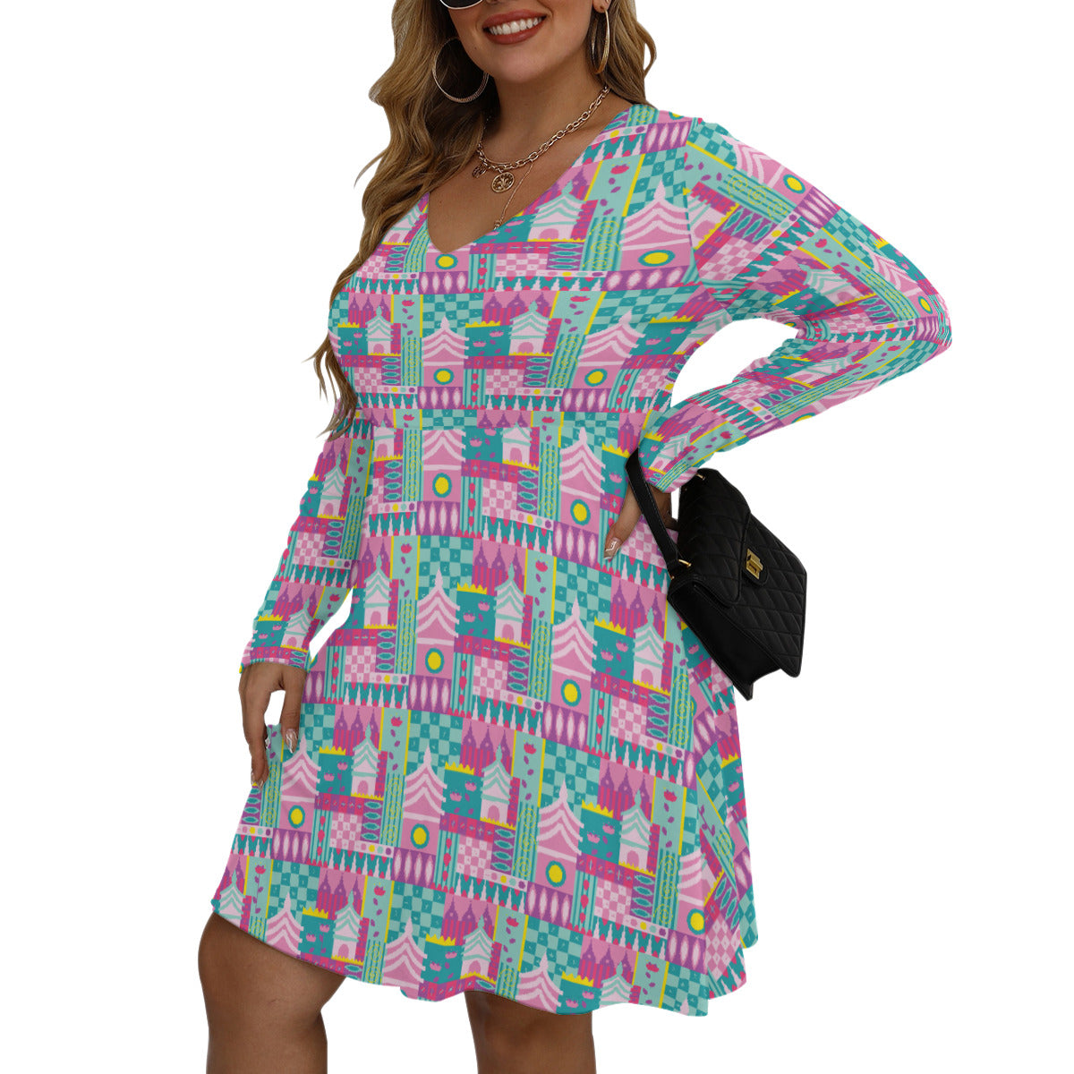 Small World Plus Size Women's V-neck Long Sleeve Dress