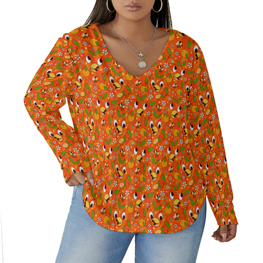 Orange Bird Women's Plus Size V-Neck T-Shirt With Curved Hem