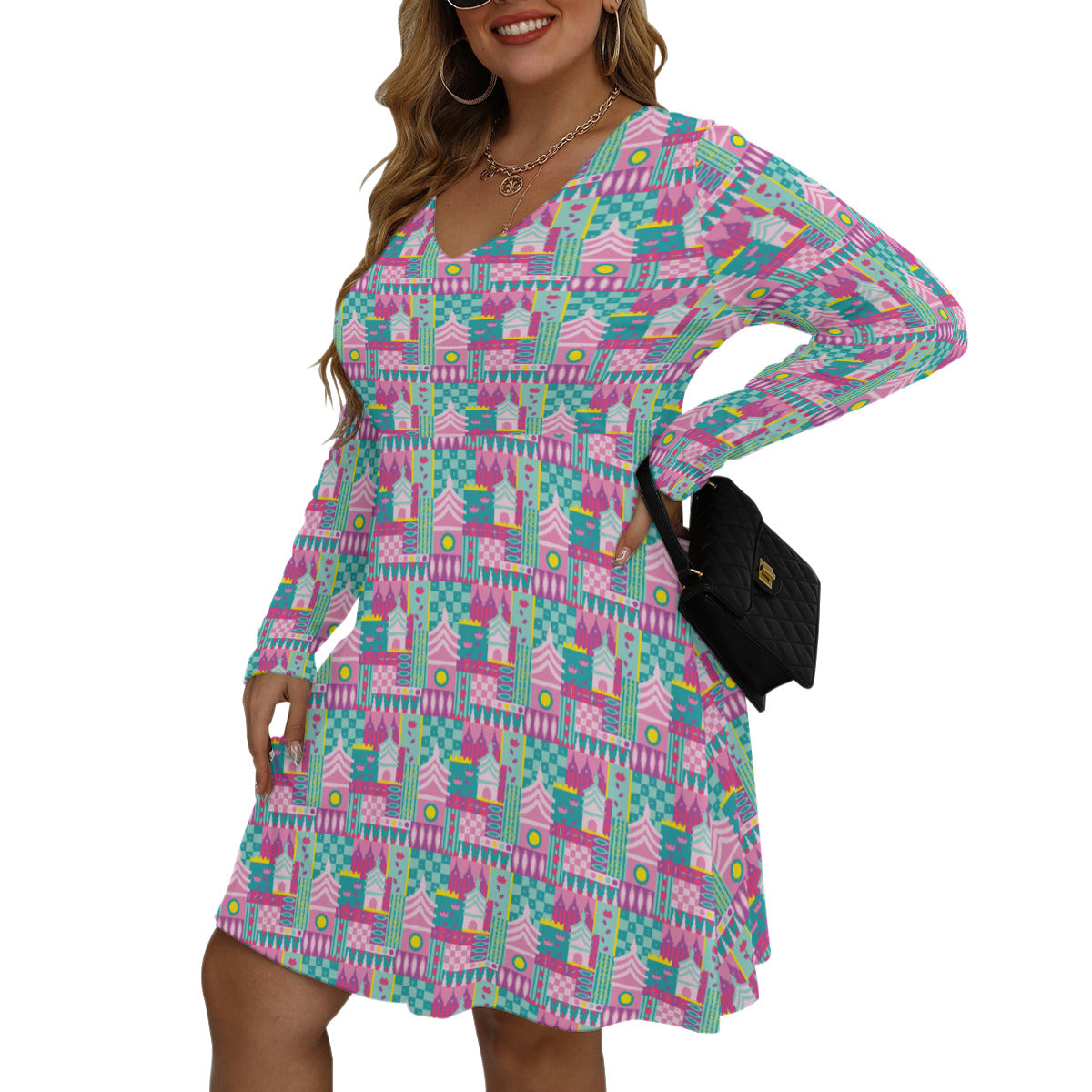 Small World Plus Size Women's V-neck Long Sleeve Dress