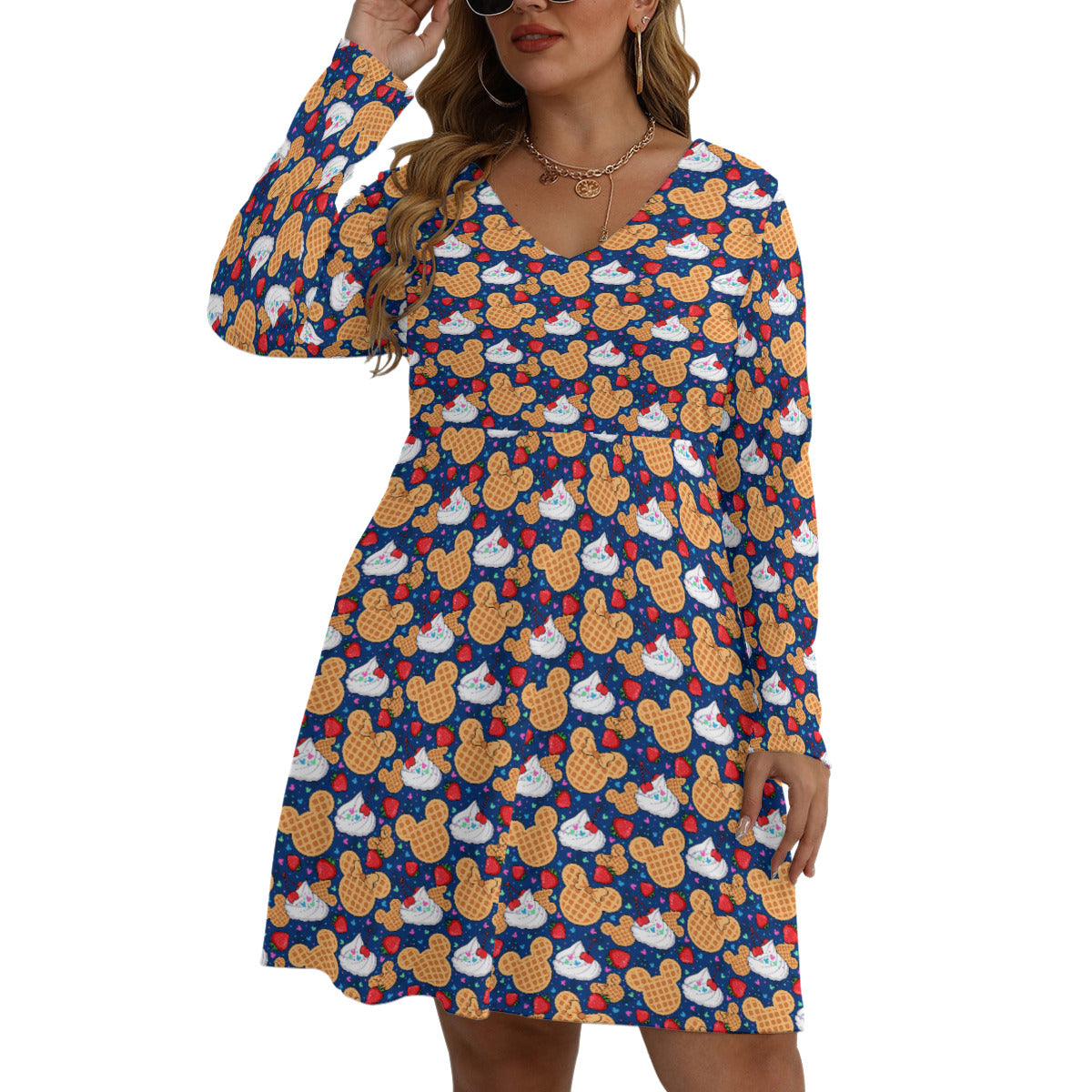 Waffles Plus Size Women's V-neck Long Sleeve Dress