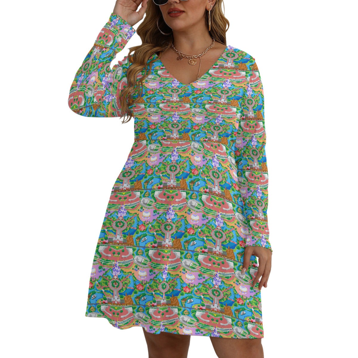 Park Map Plus Size Women's V-neck Long Sleeve Dress