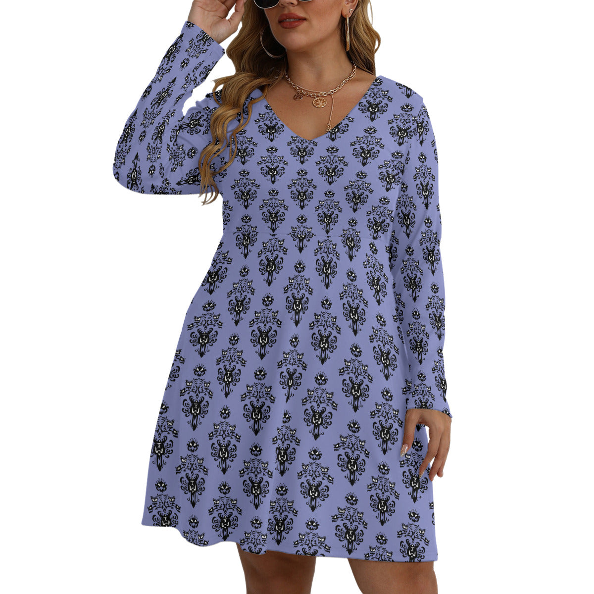 Haunted Mansion Wallpaper Plus Size Women's V-neck Long Sleeve Dress