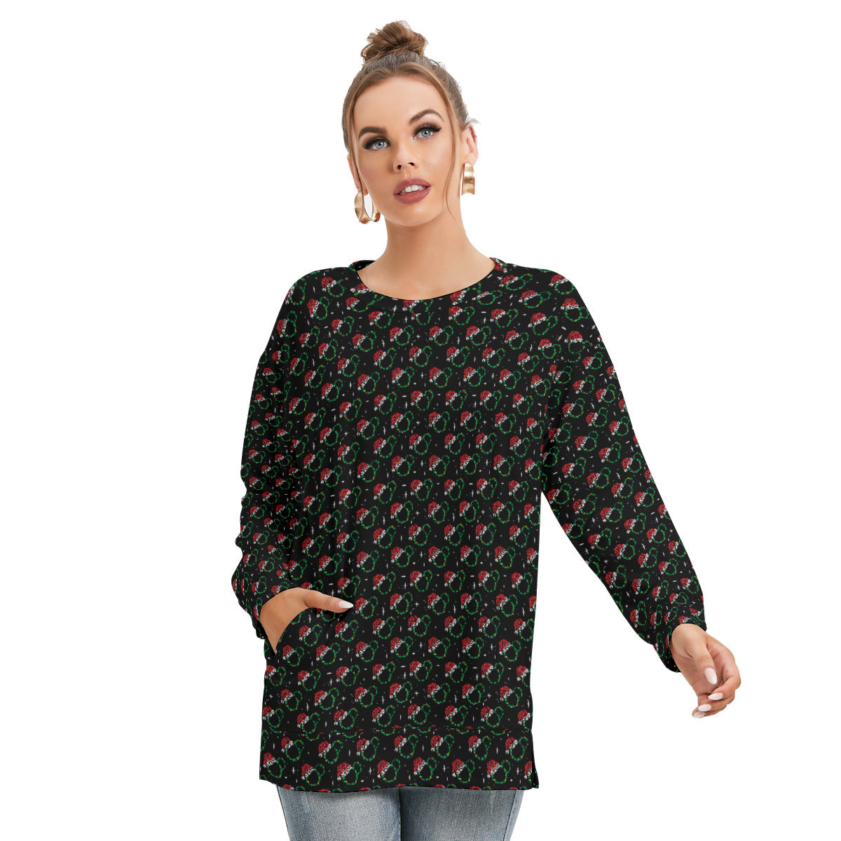 Christmas Women's Side Split O-neck Sweatshirt With Pockets