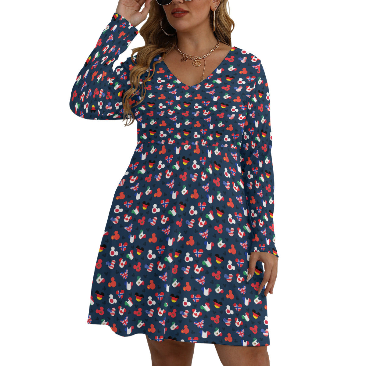 Mickey Flags Plus Size Women's V-neck Long Sleeve Dress