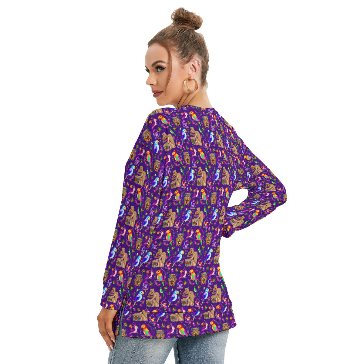 Tiki Plays The Drums Women's Side Split O-neck Sweatshirt With Pockets