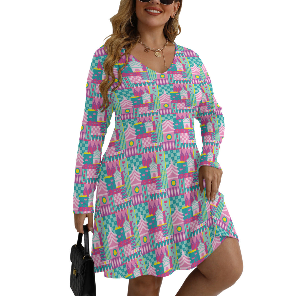 Small World Plus Size Women's V-neck Long Sleeve Dress