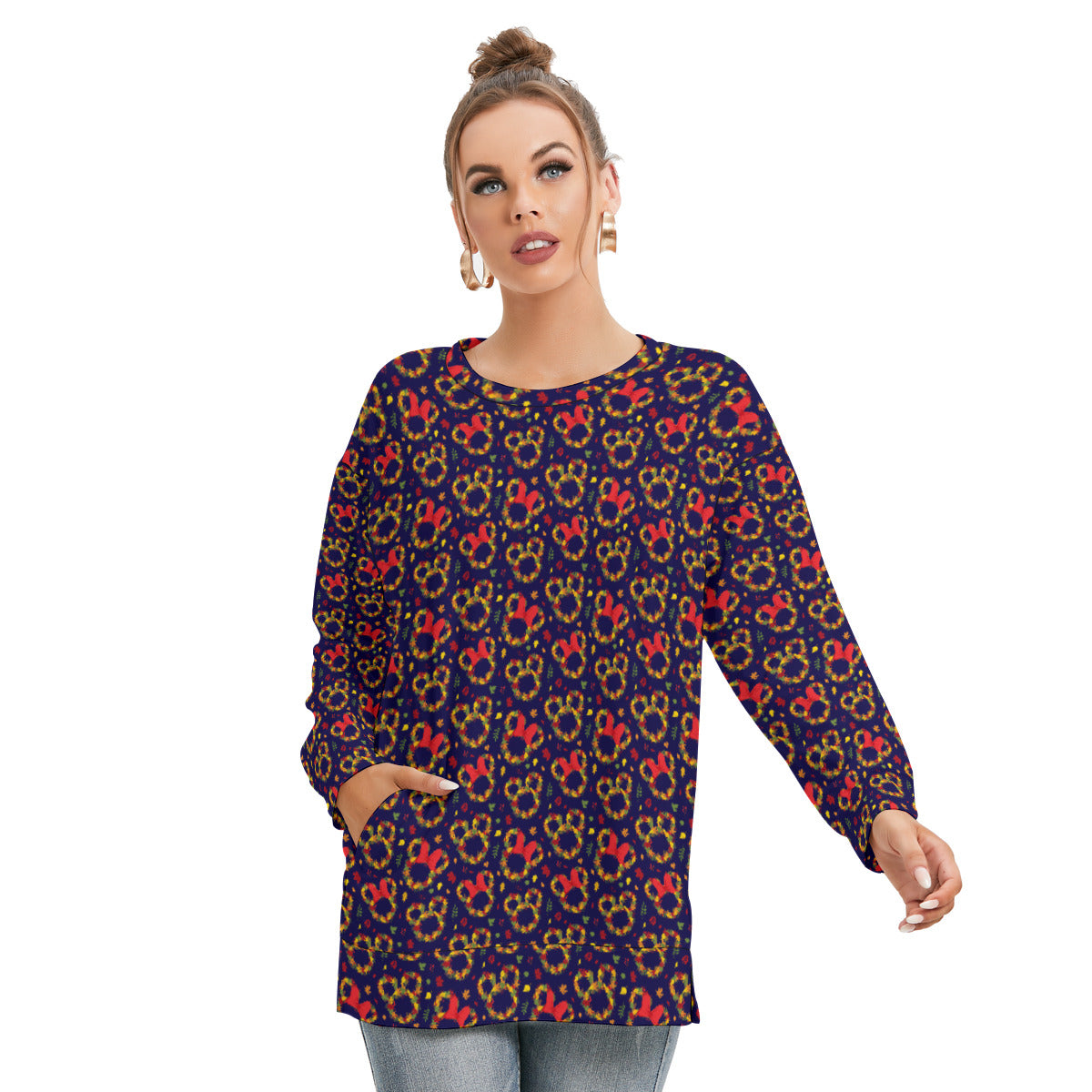 Fall Leaves Women's Side Split O-neck Sweatshirt With Pockets