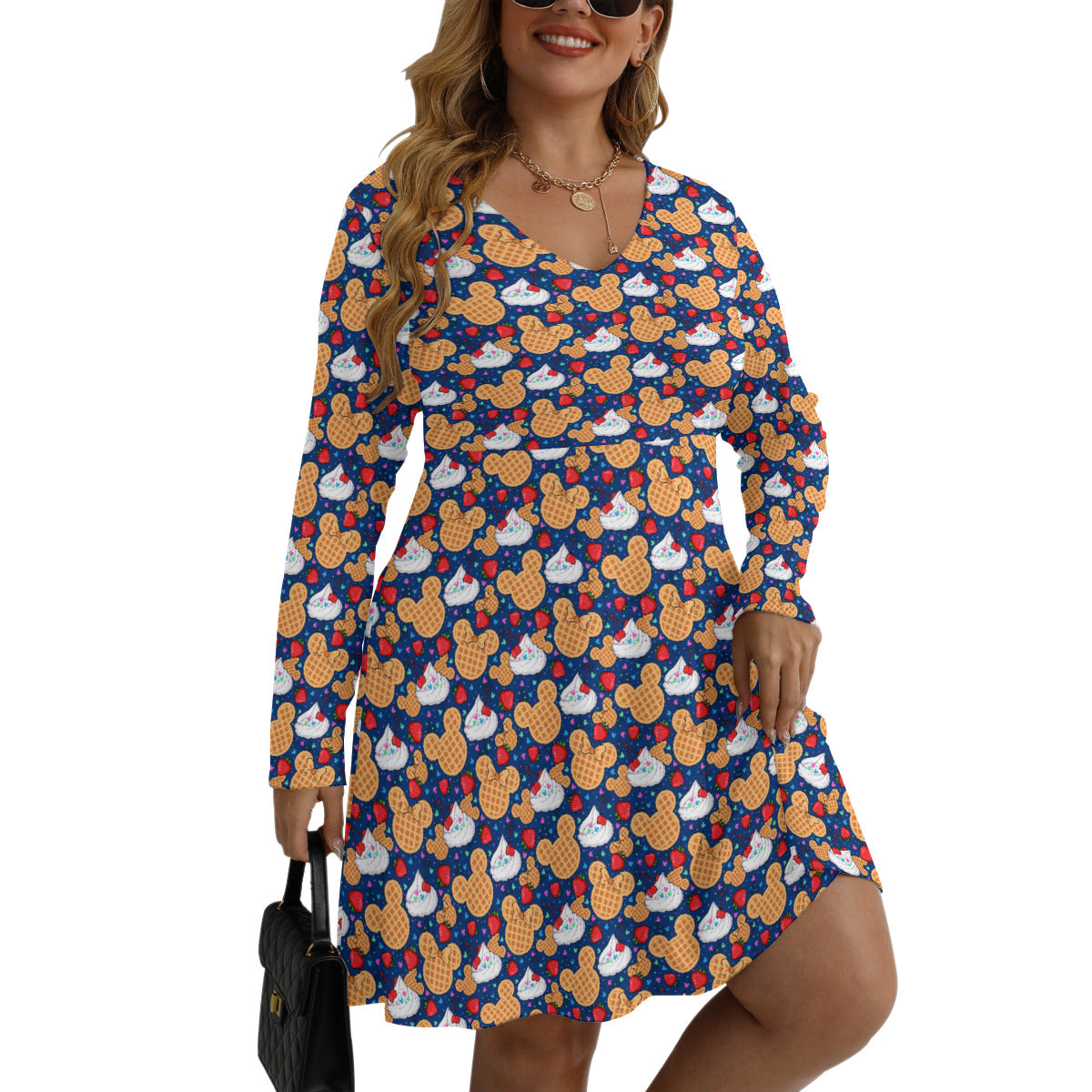 Waffles Plus Size Women's V-neck Long Sleeve Dress