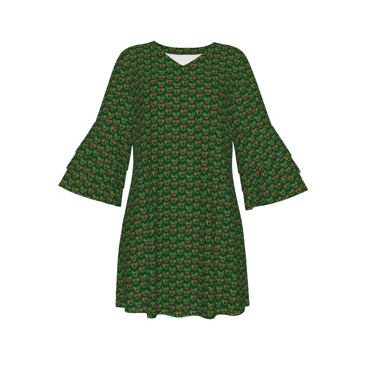 Christmas Wreaths Women's Stacked Ruffle Sleeve Dress