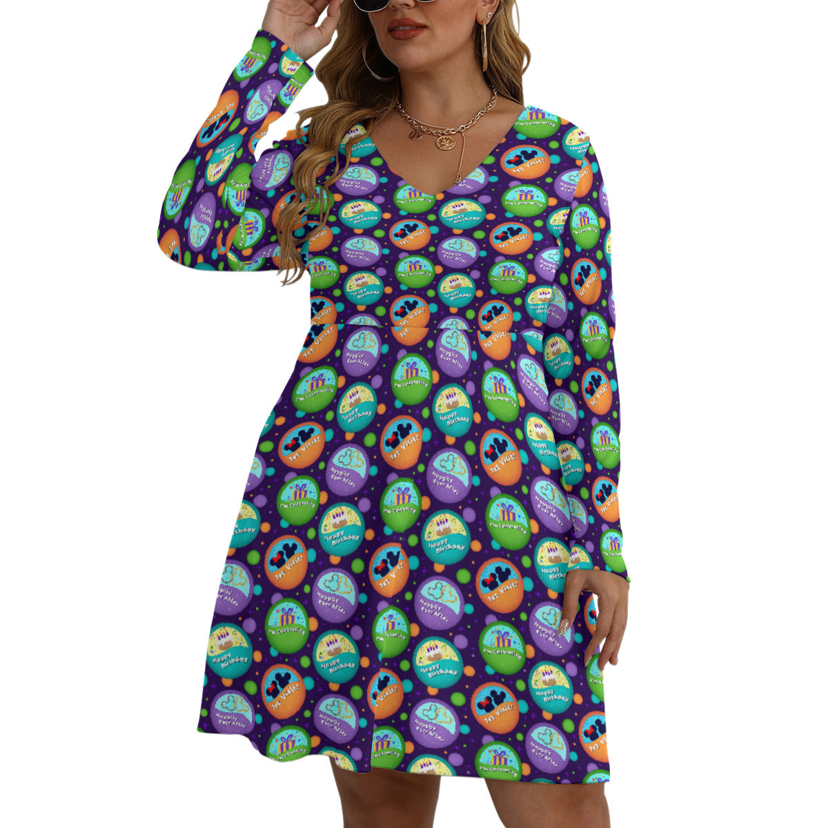 Button Collector Plus Size Women's V-neck Long Sleeve Dress