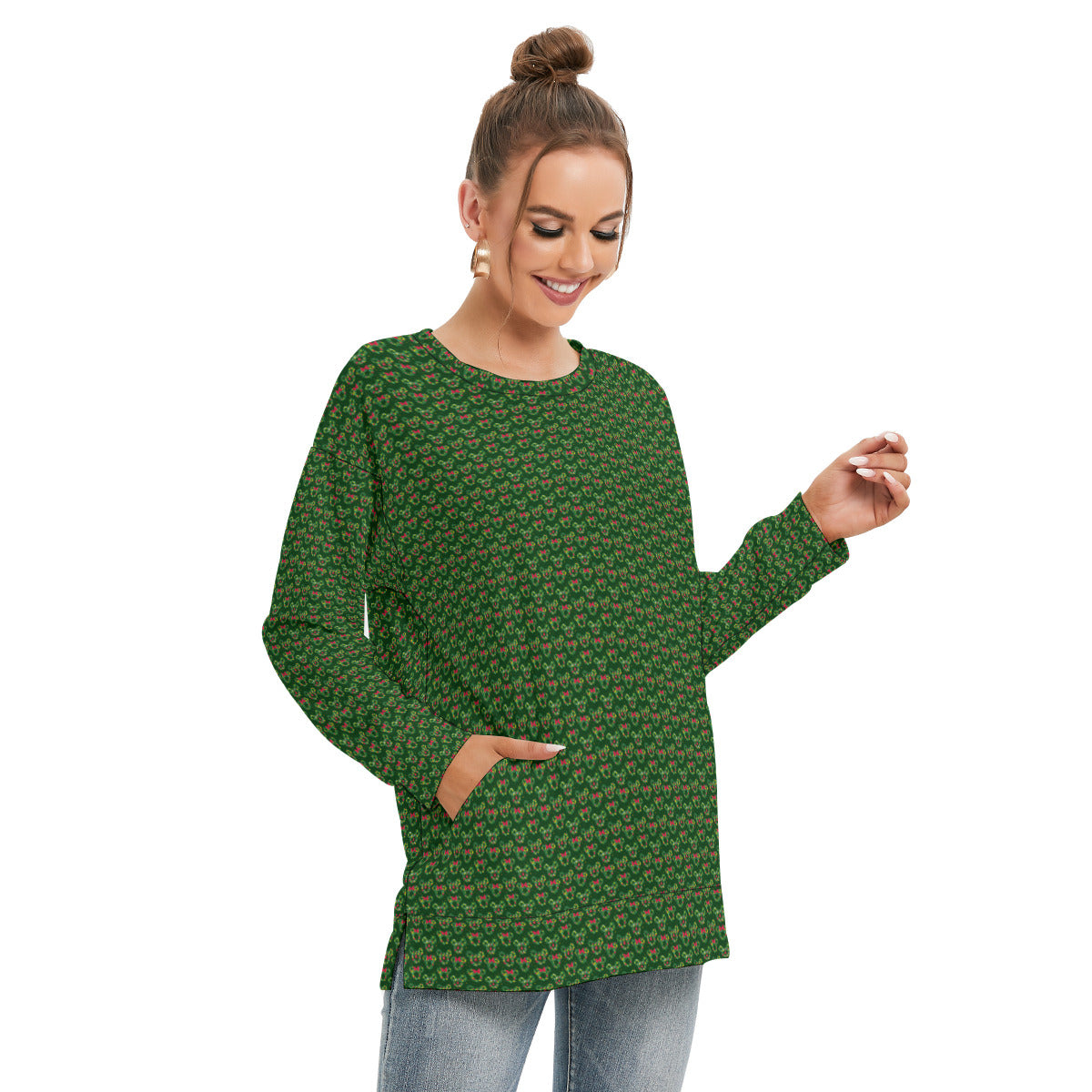 Christmas Wreaths Women's Side Split O-neck Sweatshirt With Pockets