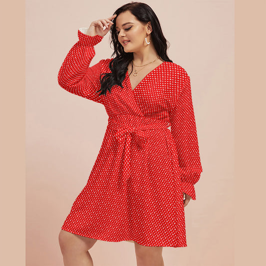 Red With White Mickey Polka Dots Women's Plus Size V-neck Dress With Waistband