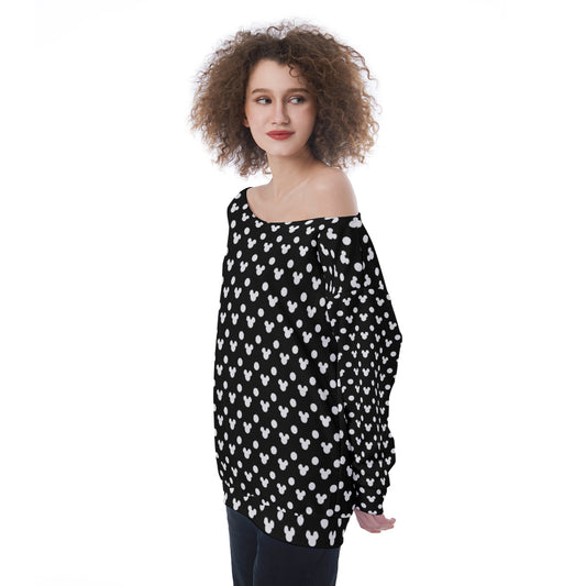 Black With White Mickey Polka Dots Oversized Women's Off-Shoulder Sweatshirt