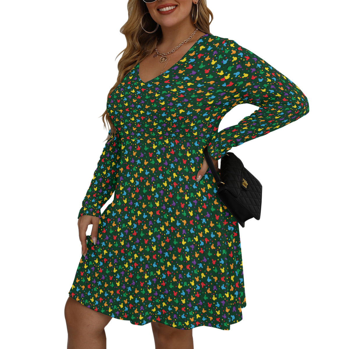 Christmas Lights Plus Size Women's V-neck Long Sleeve Dress