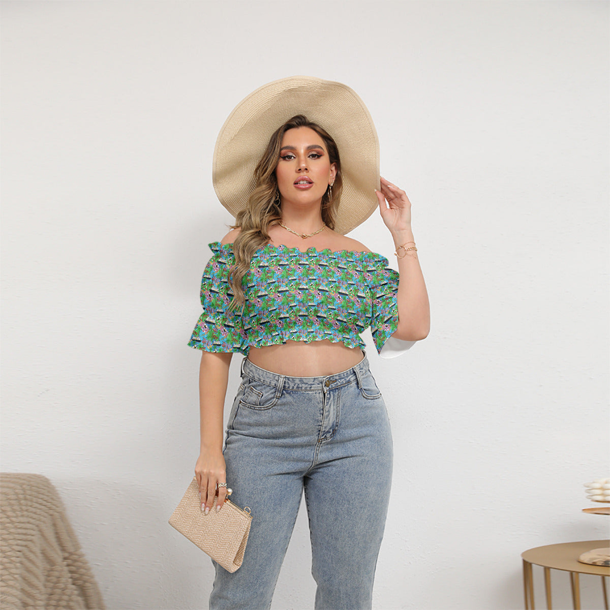 Let's Cruise Women's Off-Shoulder Cropped Top With Short Puff Sleeve