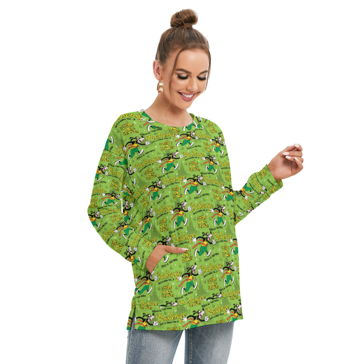 Goofy Challenge Women's Side Split O-neck Sweatshirt With Pockets