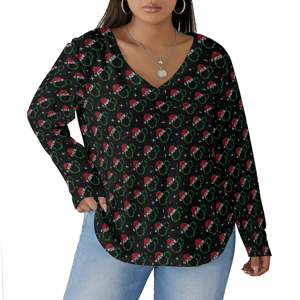 Christmas Women's Plus Size V-Neck T-Shirt With Curved Hem