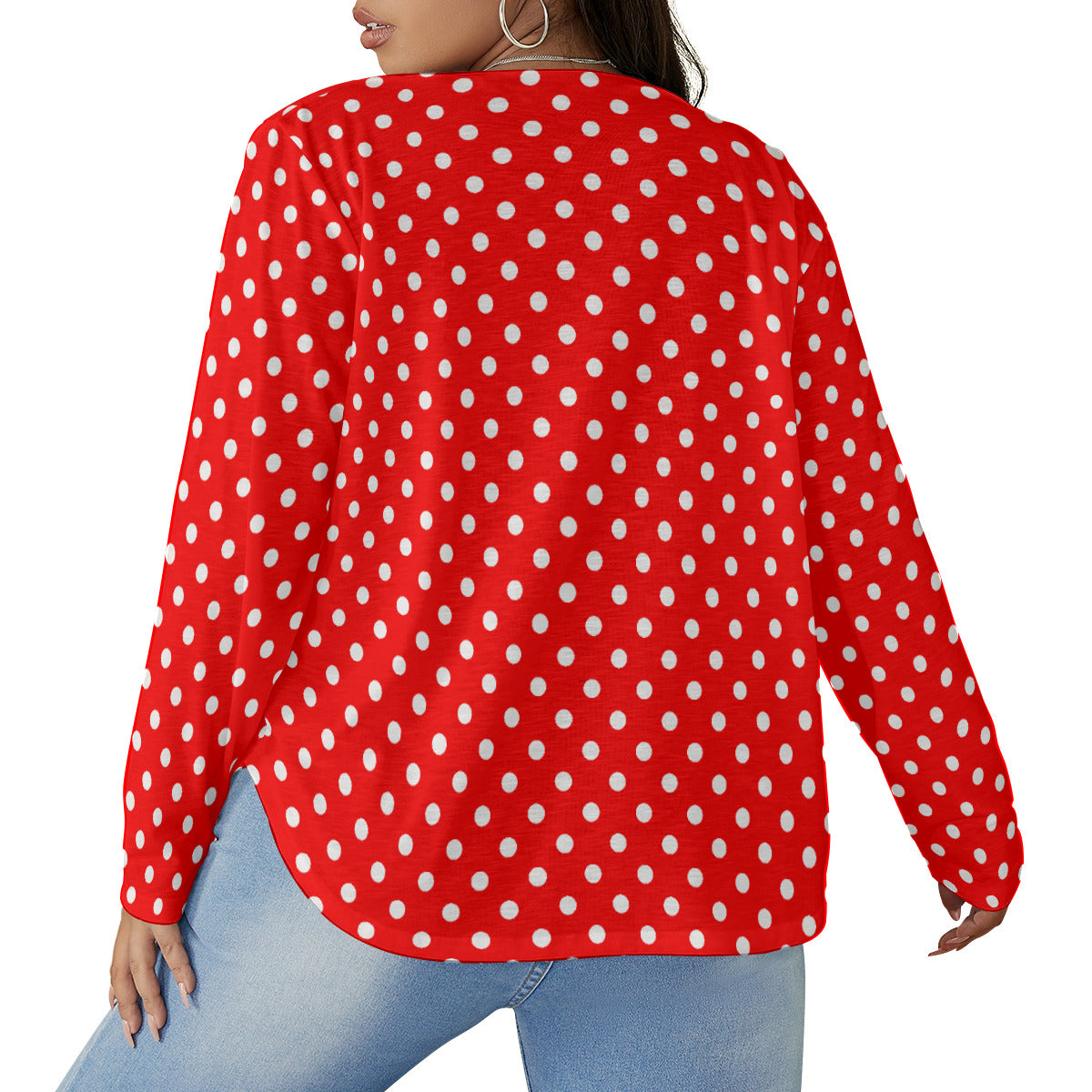 Red With White Polka Dots Women's Plus Size V-Neck T-Shirt With Curved Hem