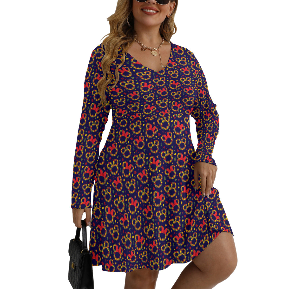 Fall Leaves Plus Size Women's V-neck Long Sleeve Dress