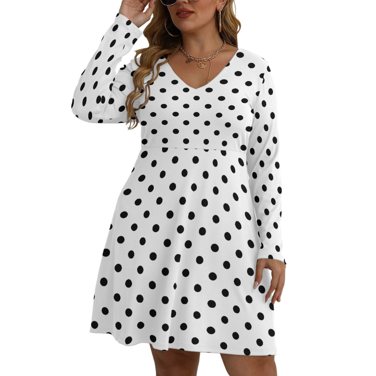 White With Black Polka Dots Plus Size Women's V-neck Long Sleeve Dress