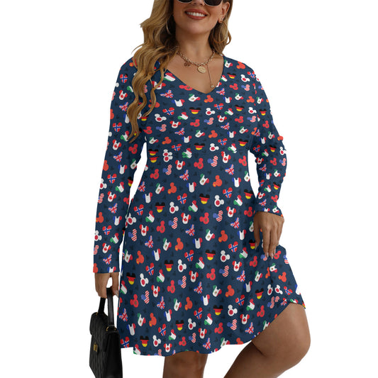 Mickey Flags Plus Size Women's V-neck Long Sleeve Dress