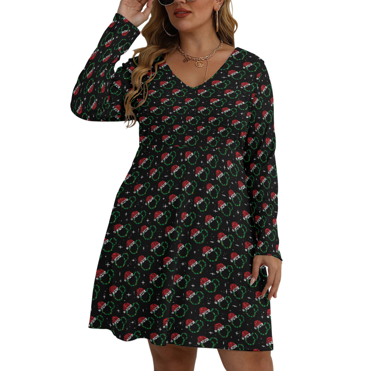 Christmas Plus Size Women's V-neck Long Sleeve Dress