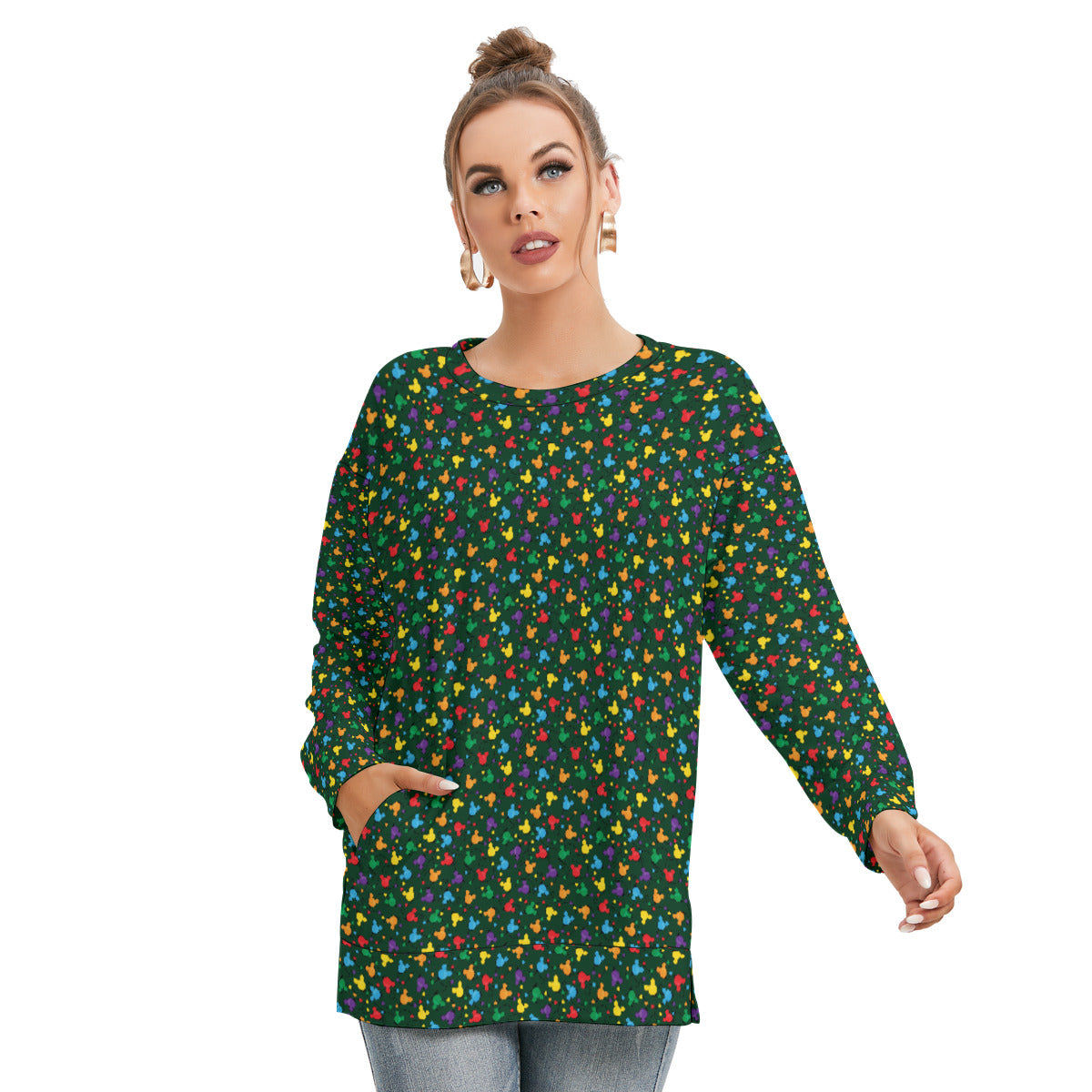 Christmas Lights Women's Side Split O-neck Sweatshirt With Pockets