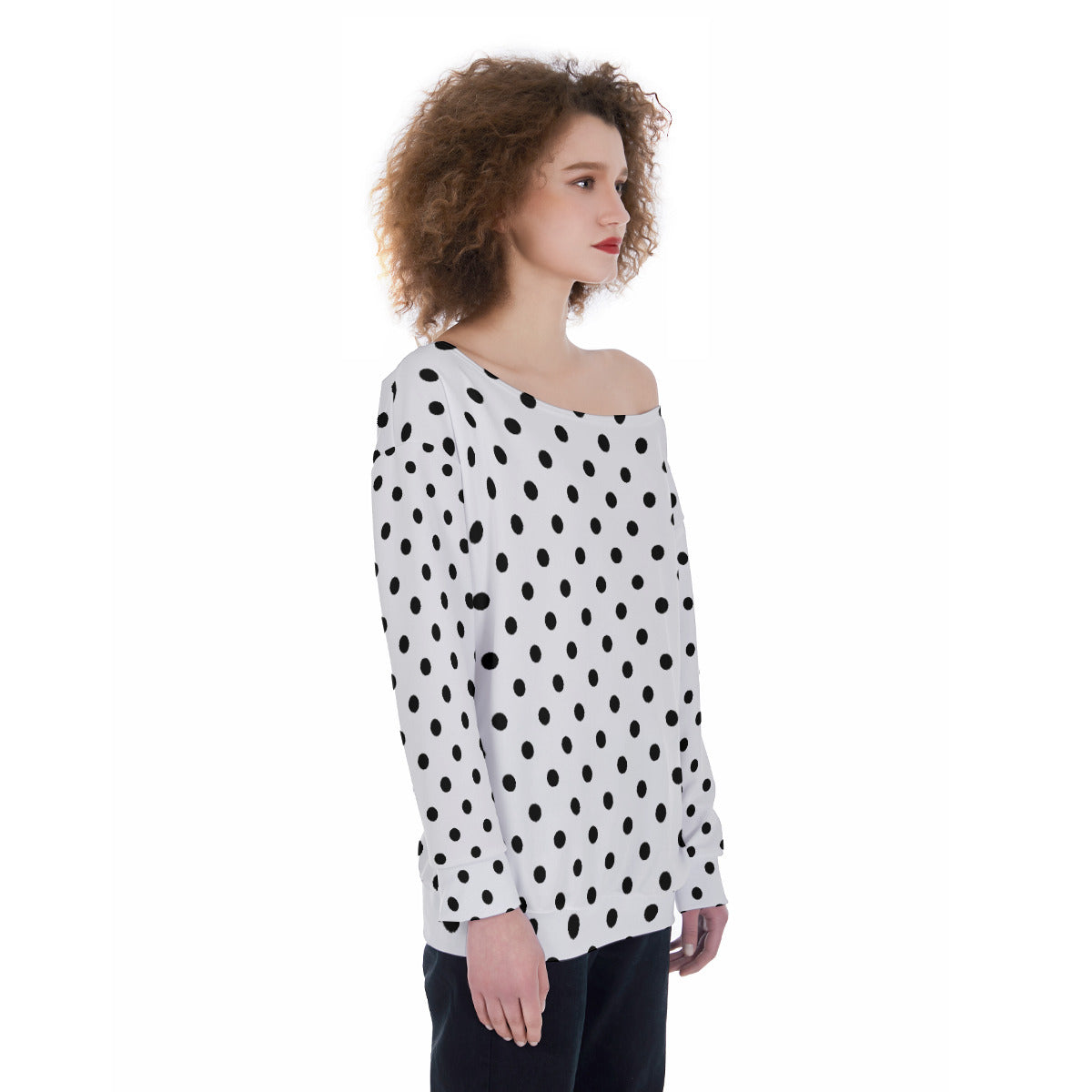 White With Black Polka Dots Oversized Women's Off-Shoulder Sweatshirt