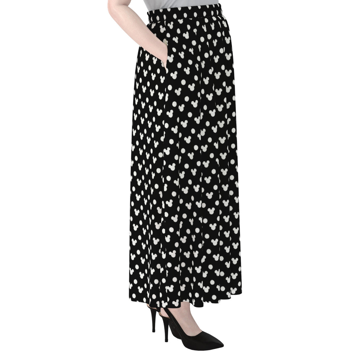 Black With White Mickey Polka Dots Women's Maxi Chiffon Skirt