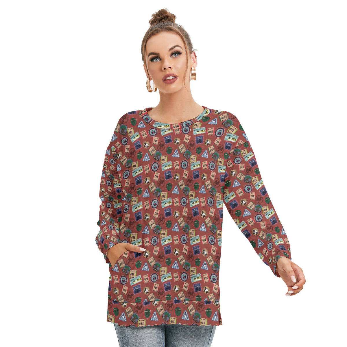 Vintage Travel Women's Side Split O-neck Sweatshirt With Pockets