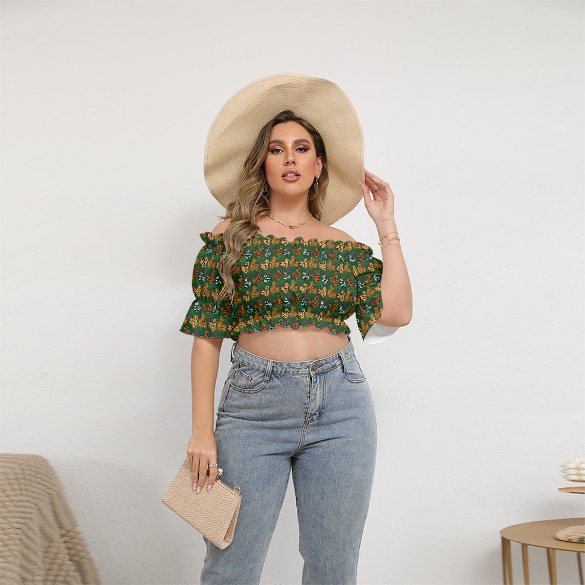 Animal Prints Women's Off-Shoulder Cropped Top With Short Puff Sleeve