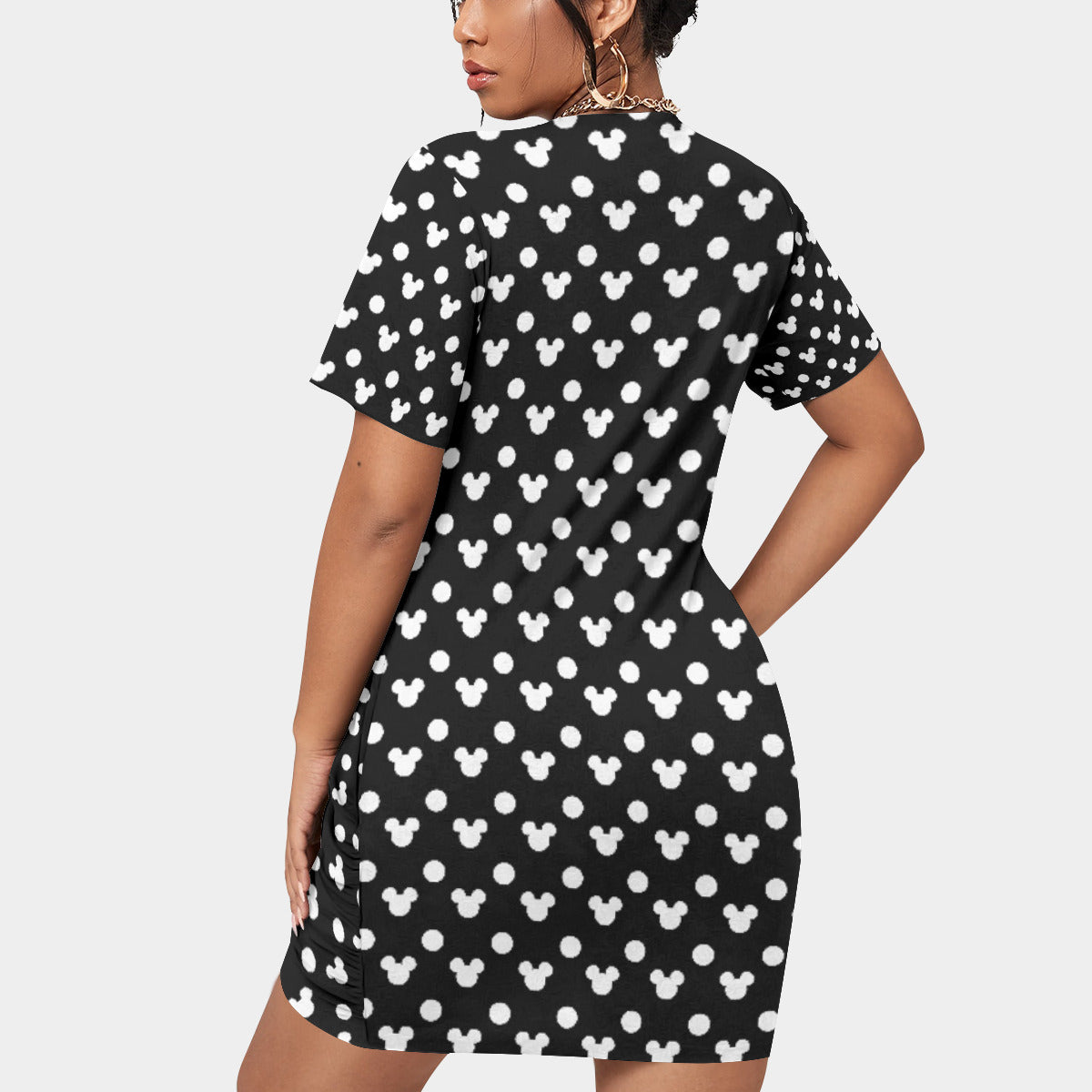 Black With White Mickey Polka Dots Women’s Plus Size Stacked Hem Dress With Short Sleeve