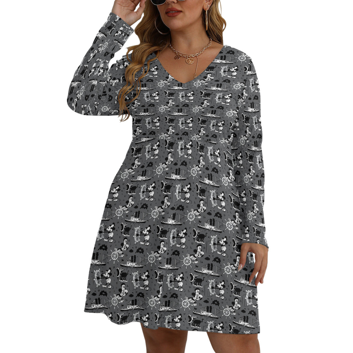 Steamboat Mickey Plus Size Women's V-neck Long Sleeve Dress