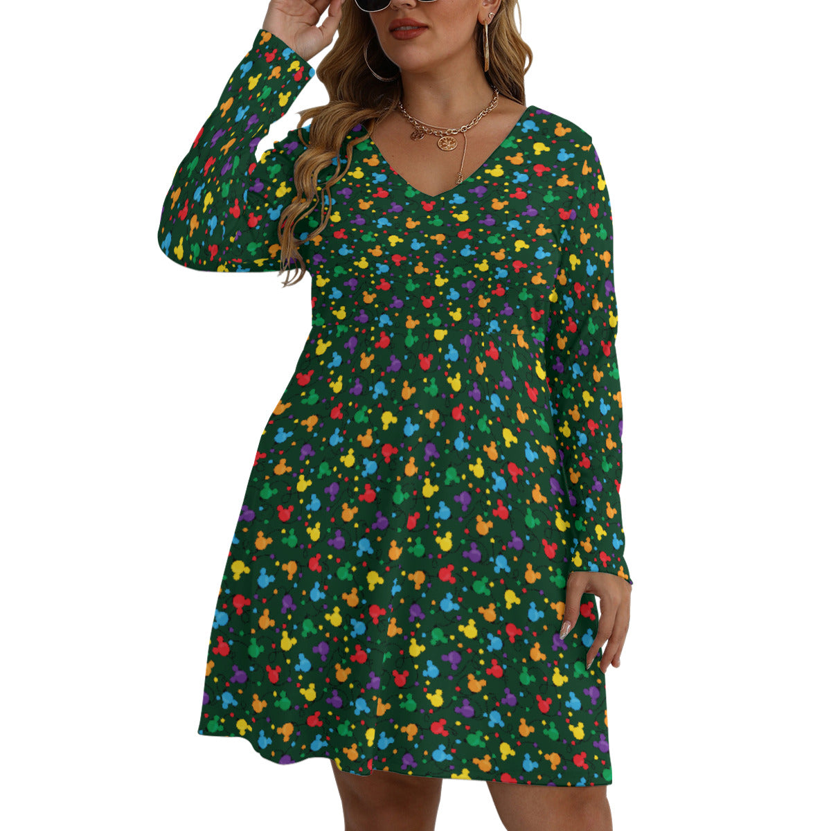 Christmas Lights Plus Size Women's V-neck Long Sleeve Dress