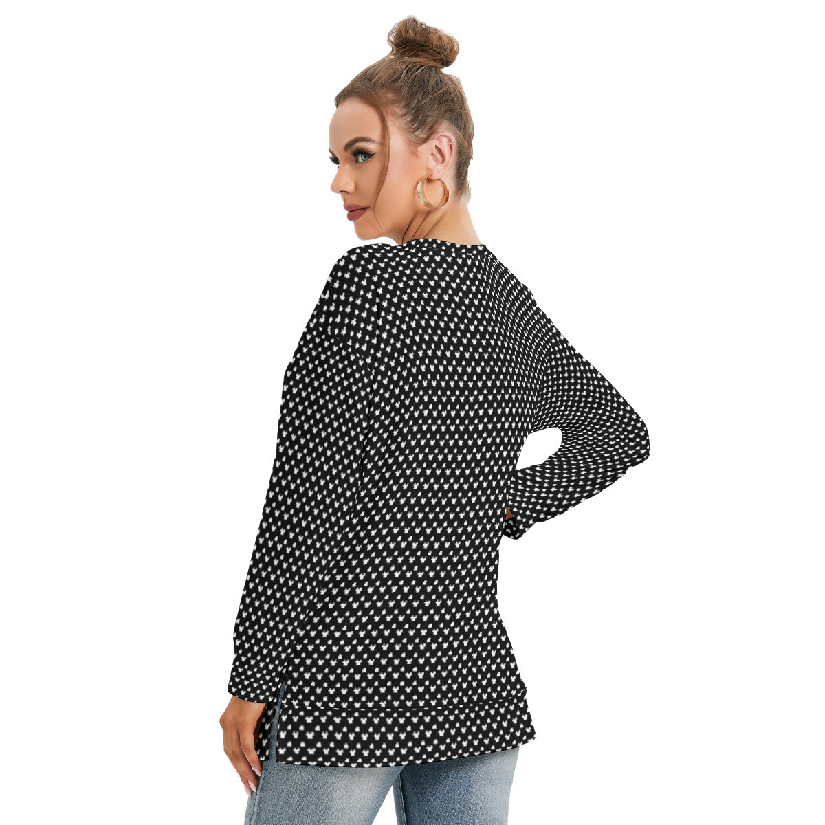 Black With White Mickey Polka Dots Women's Side Split O-neck Sweatshirt With Pockets