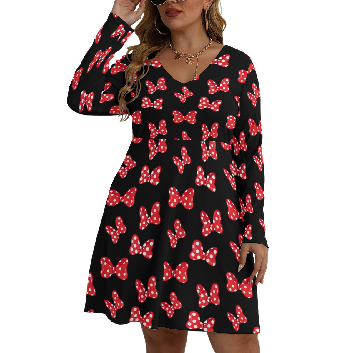 Polka Dot Bows Plus Size Women's V-neck Long Sleeve Dress