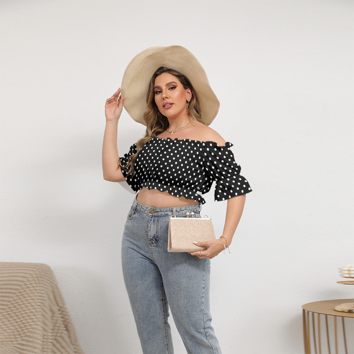 Black With White Polka Dots Women's Off-Shoulder Cropped Top With Short Puff Sleeve