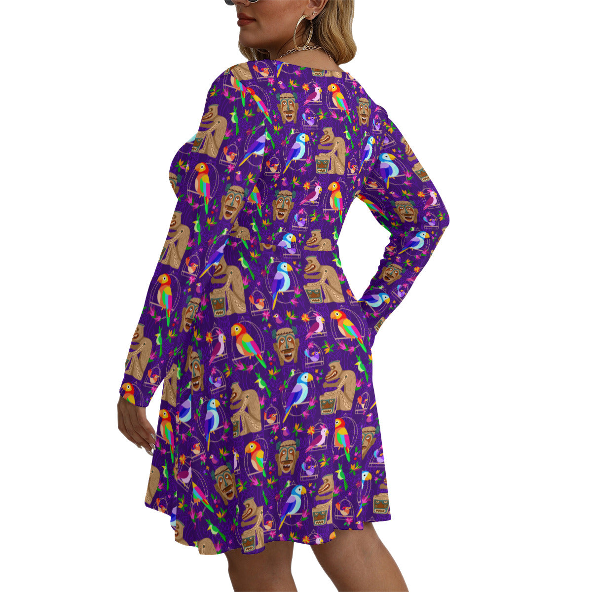 Tiki Plays The Drums Plus Size Women's V-neck Long Sleeve Dress