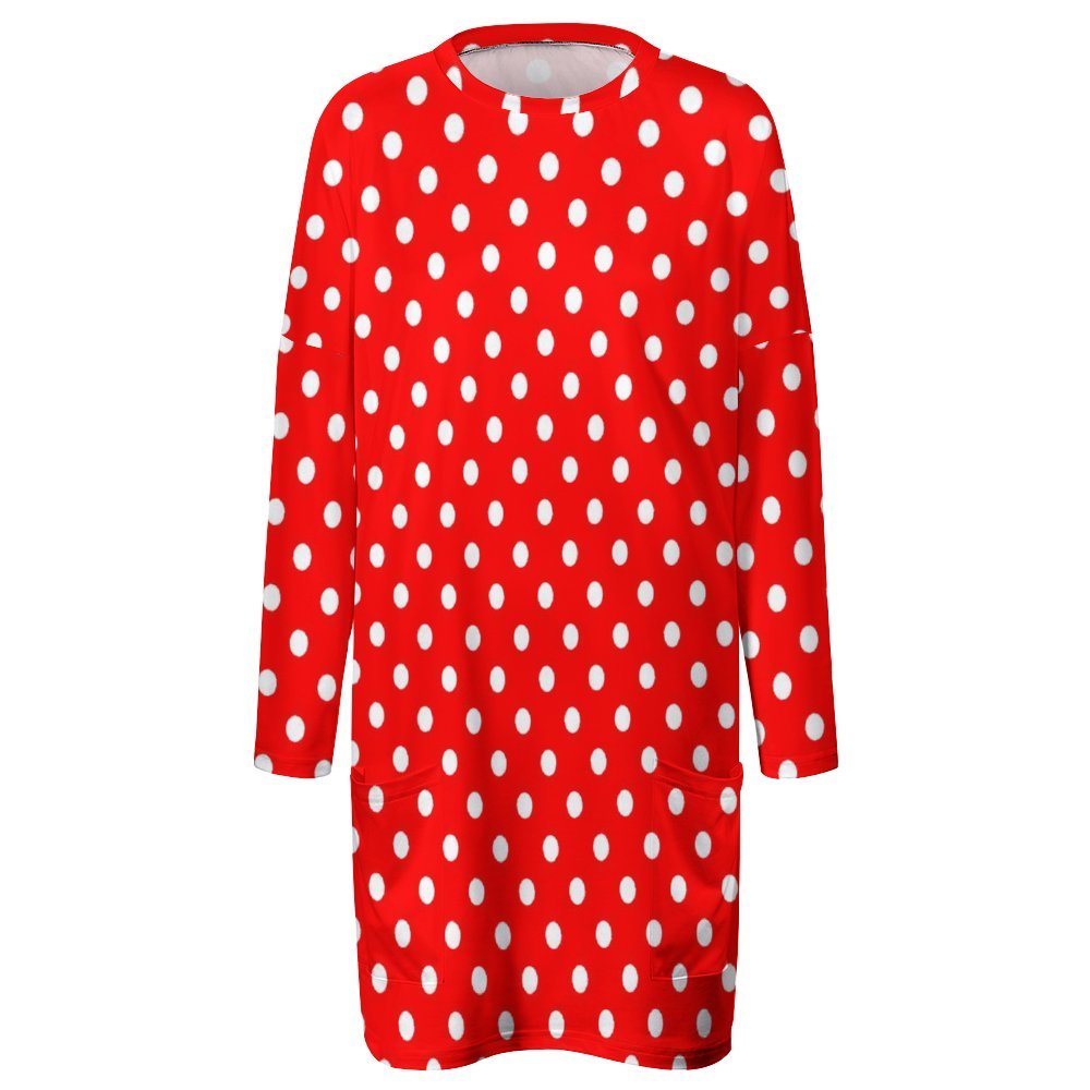 Red With White Polka Dots Women's Long Fit Sweatshirt With Pockets