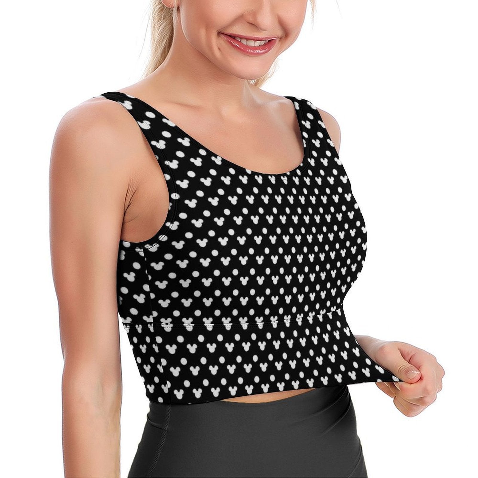 Black With White Mickey Polka Dots Women's Crop Tank Top - Ambrie