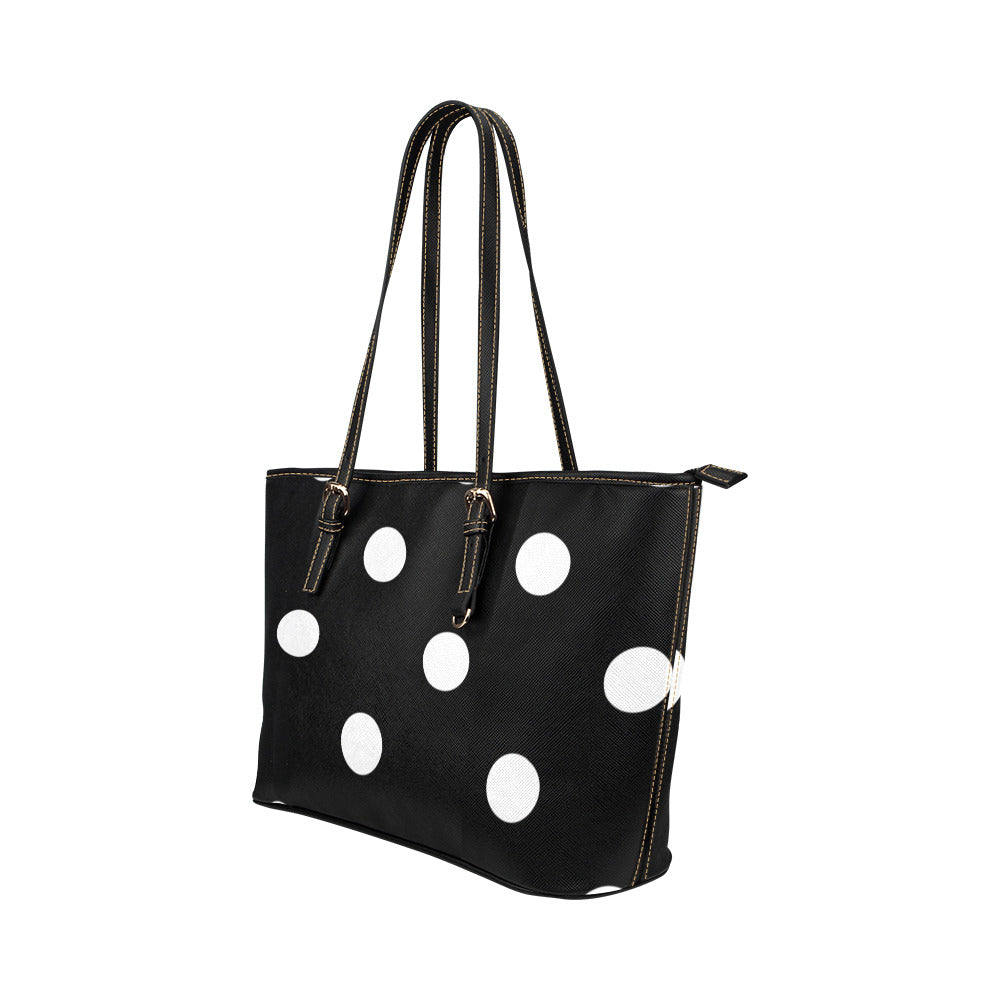 Black With White Polka Dots Leather Tote Bag