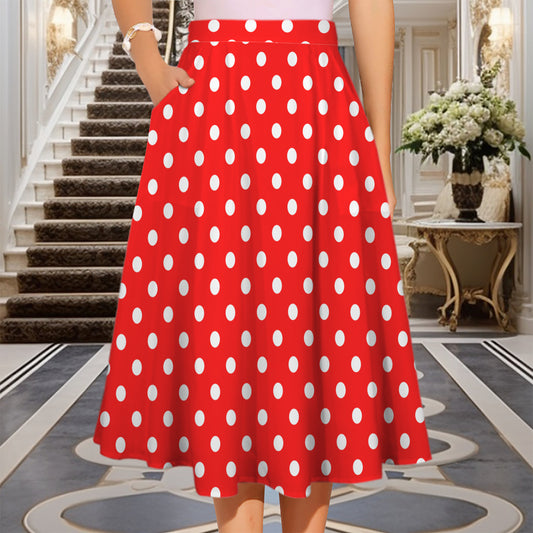 Red With White Polka Dots Elastic Waist Midi Skirt With Pockets