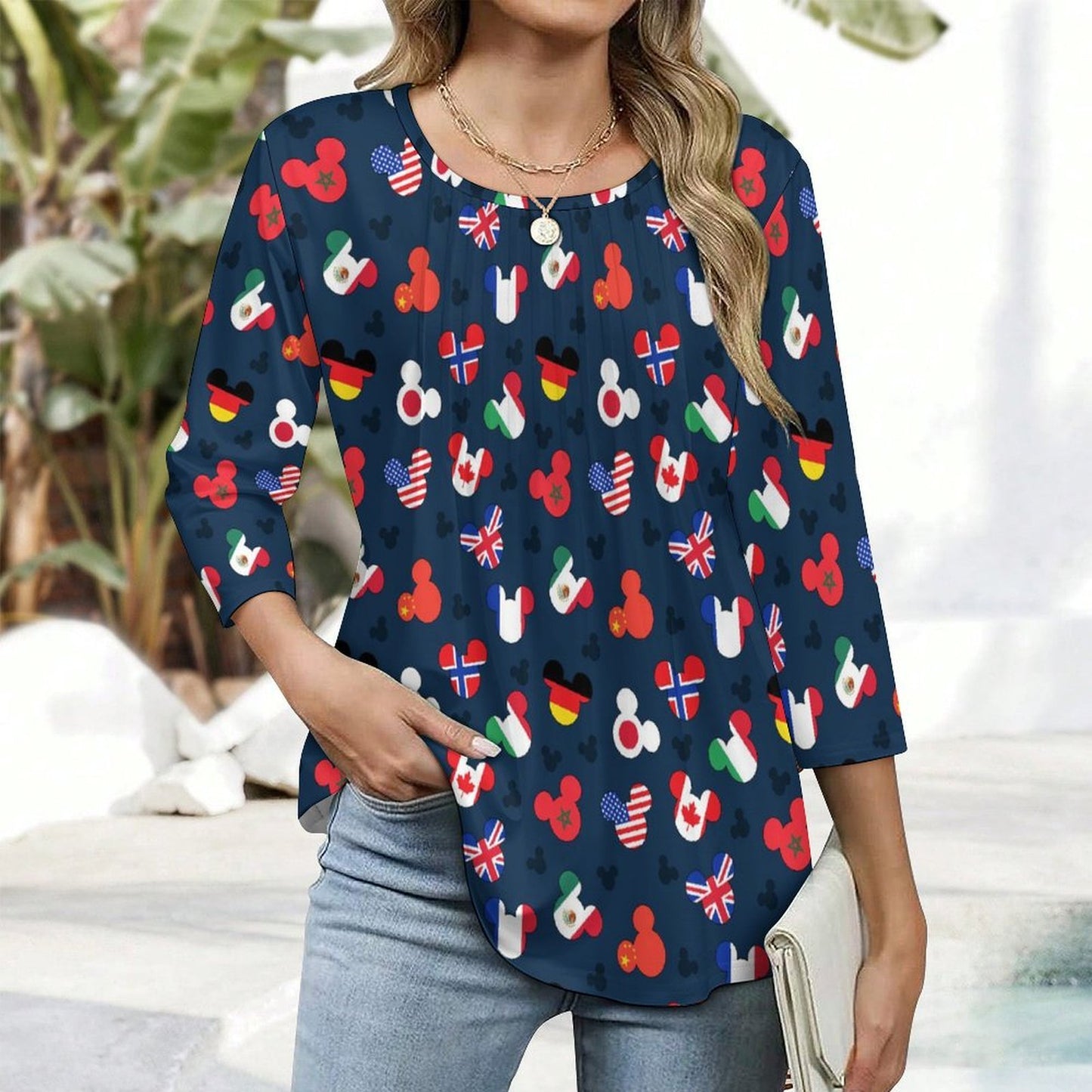 Mickey Flags Women's 3/4 Sleeve Pleated Tunic Top - Ambrie
