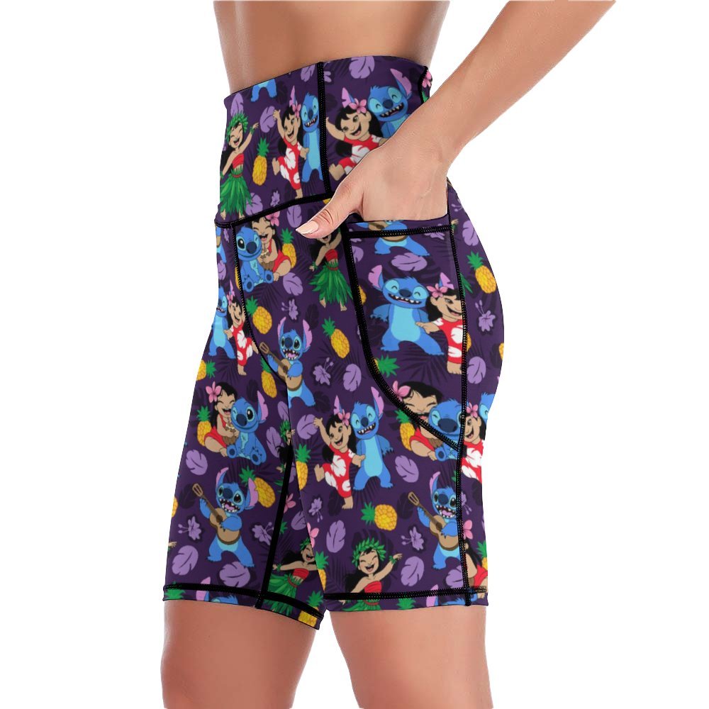 Disney Lilo And Stitch Island Friends Women's Knee Length Athletic Yoga Shorts With Pockets