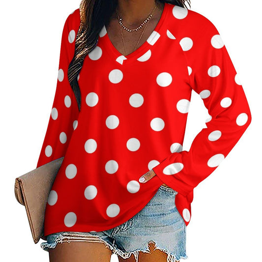 Red With White Polka Dots Long Sleeve Loose V-Neck Tee