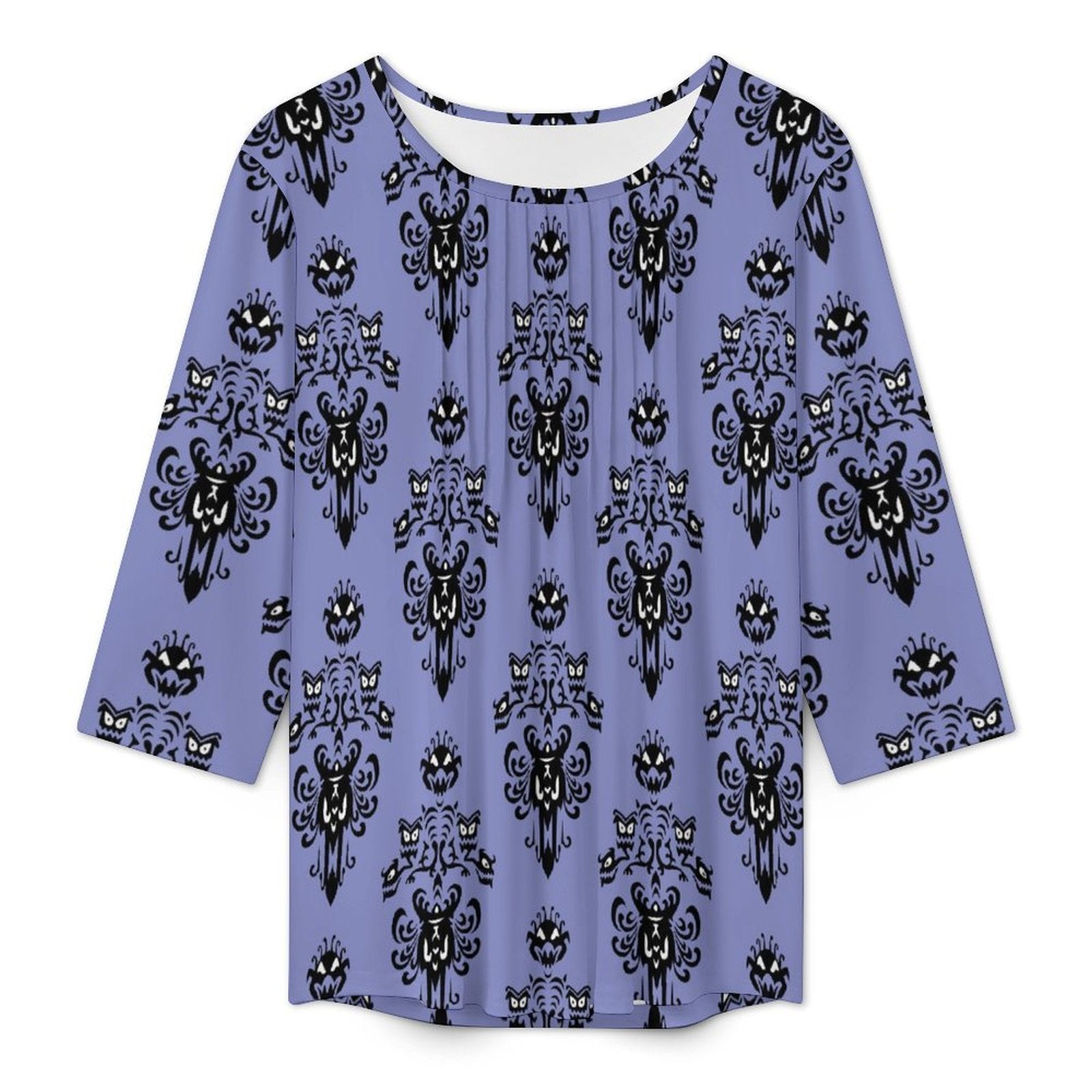 Haunted Mansion Wallpaper Women's 3/4 Sleeve Pleated Tunic Top - Ambrie