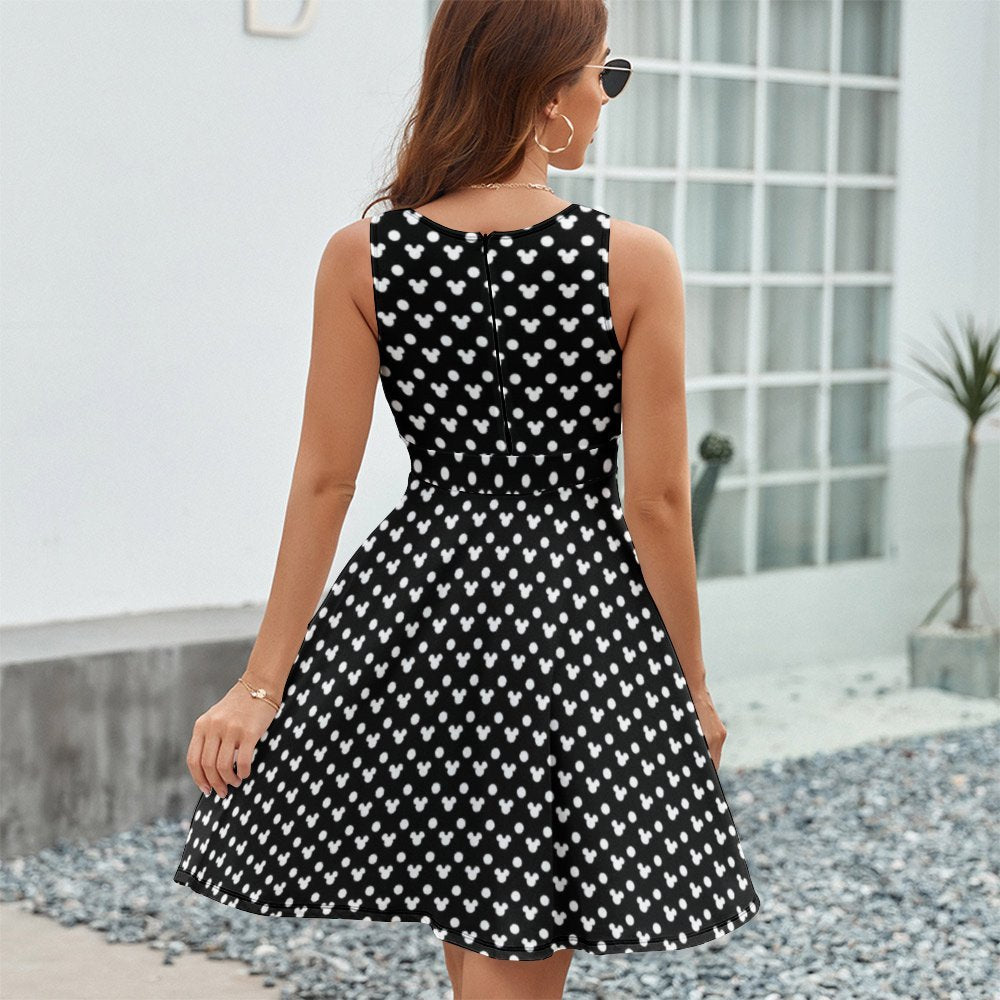 Black With White Mickey Polka Dots V-Neck Sleeveless Dress