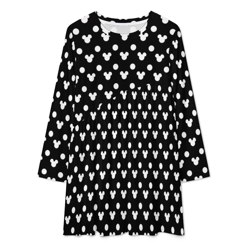 Black With White Mickey Polka Dots Long Sleeve Patchwork T-shirt Dress