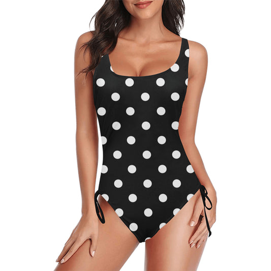 Black With White Polka Dots Drawstring Side Women's One-Piece Swimsuit