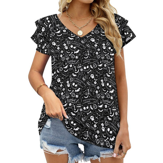 Everybody Scream Women's Ruffle Sleeve V-Neck T-Shirt